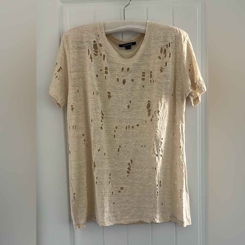 Acrobat Linen Cream Distressed Short Sleeve Tee Sz L